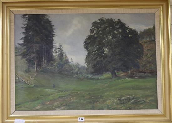 Harald Pryn, oil on canvas, wooded landscape, signed and dated Sandbjog 1926, 49 x 72cm